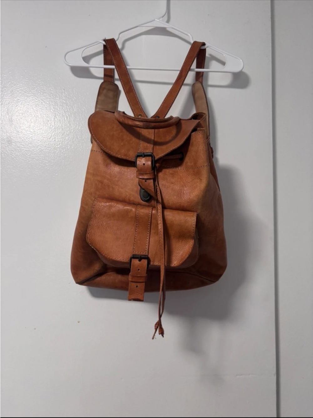 Leather Drawstring Backpack in Cognac Brown